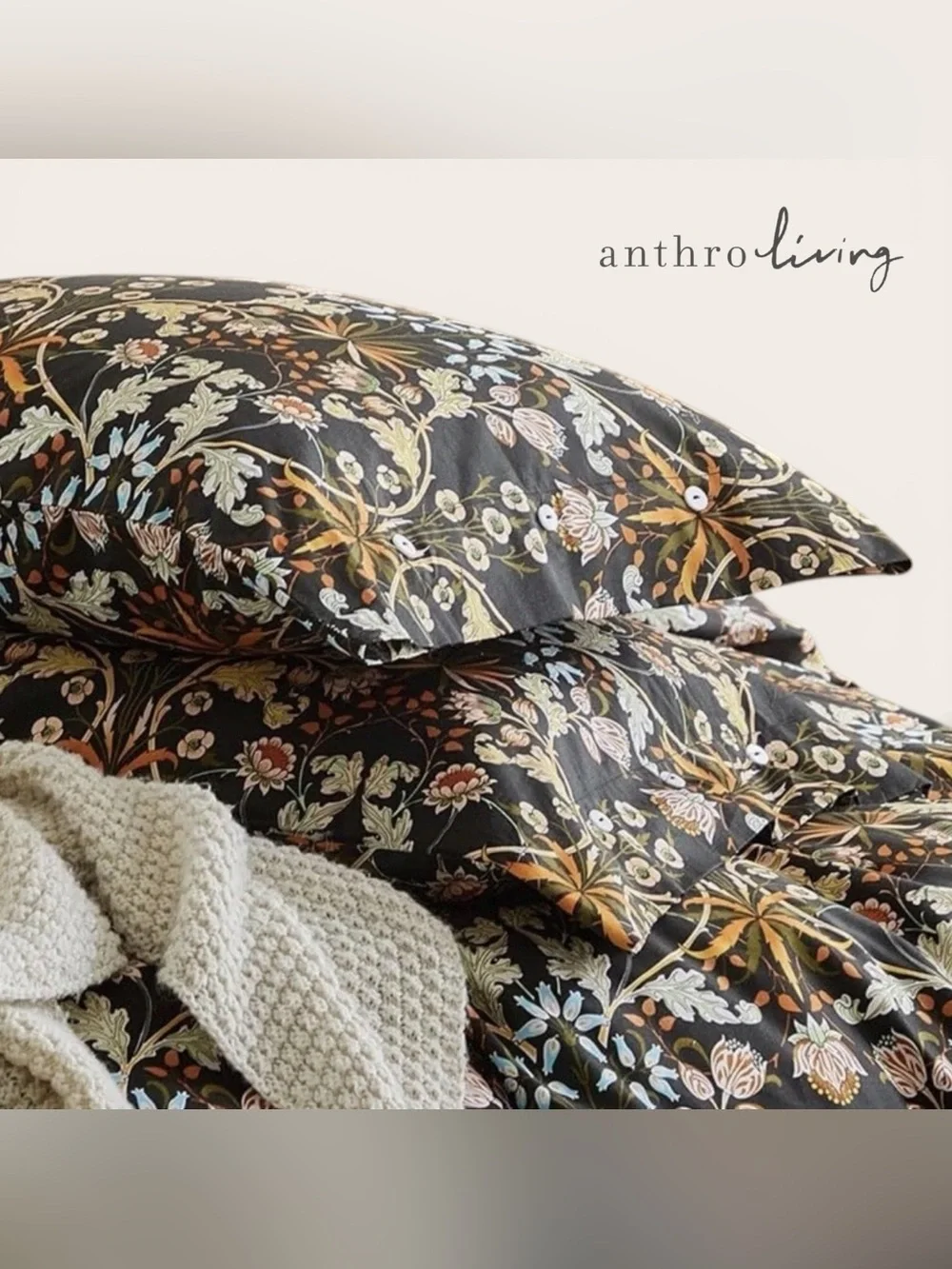 NEW Anthropologie Black Orange Floral Cotton Queen / King Bedding Duvet Sham Set
